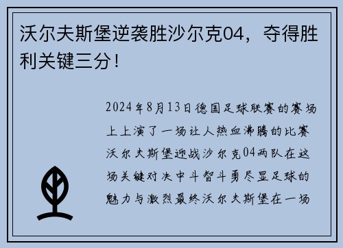 沃尔夫斯堡逆袭胜沙尔克04，夺得胜利关键三分！